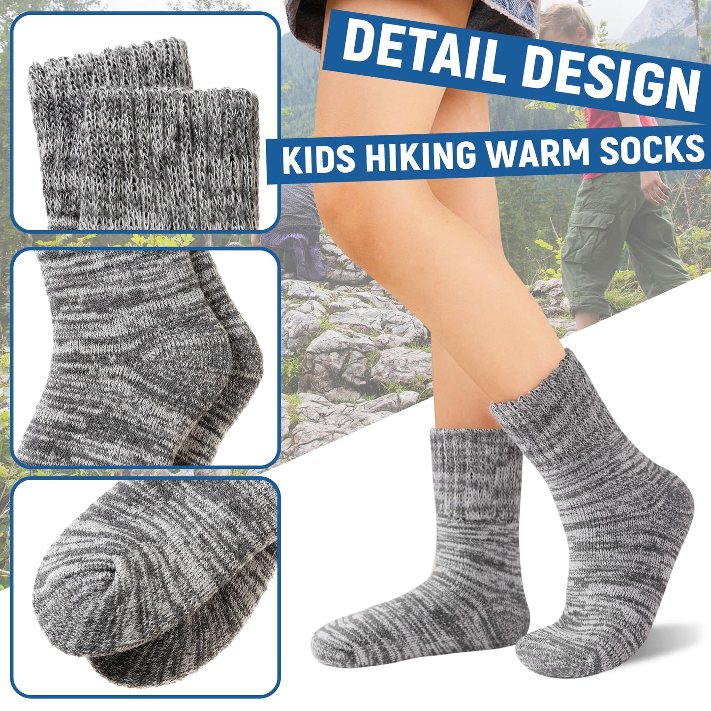 AMENLAN Kids Heated Hiking Socks Winter Children Thick Soft Warm Thermal Snowboarding Boy Girls Insulated Socks 4 Pairs (Multicolor B, 8-12 Years)