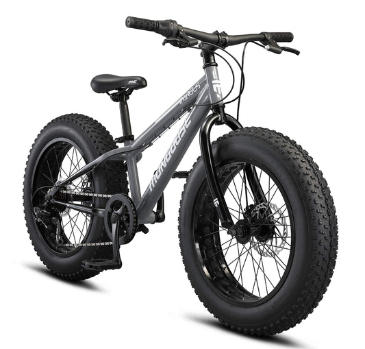 Mongoose Argus ST Fat Tire Mountain Bike for Kids Boys Girls, 20-Inch Wheels, Mechanical Disc Brakes, 10.5-Inch Steel Hardtail Frame, 7-Speed, Grey