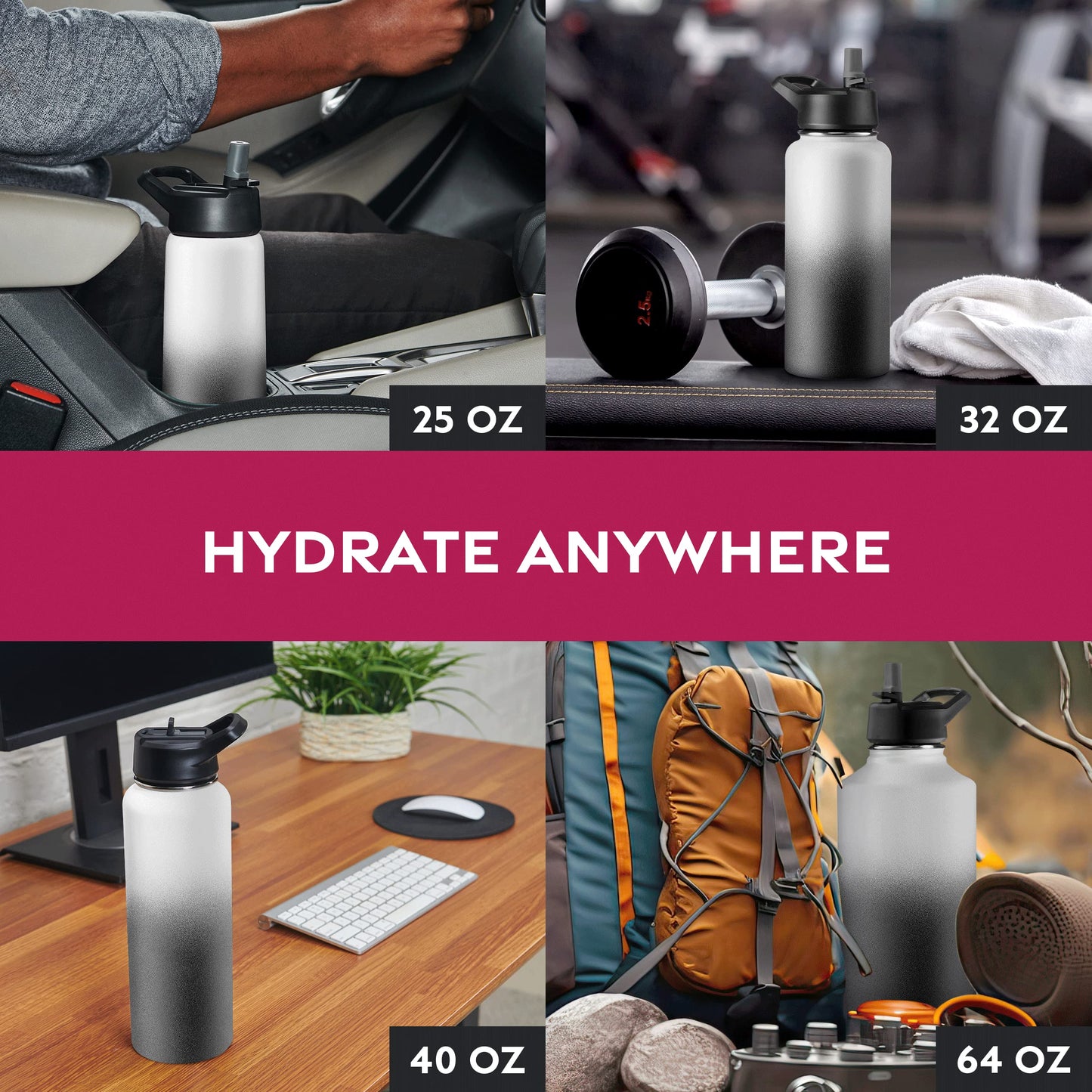 FineDine Triple Walled, Insulated Water Bottles with Straw - 25 Oz Stainless Steel Metal Bottle W/ 3 Leak Proof Lids - For Travel, School, Sports, Gym / Men, Women & Kids - Dreamy Black-White