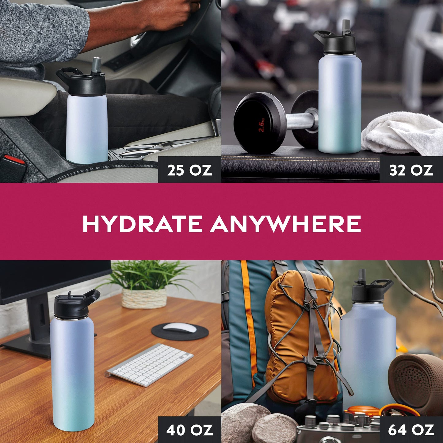 FineDine Triple Walled, Insulated Water Bottles with Straw - 64 Oz Stainless Steel Metal Bottle W/ 3 Leak Proof Lids - For Travel, School, Sports, Gym/Men, Women & Kids - Powder Steel Blue