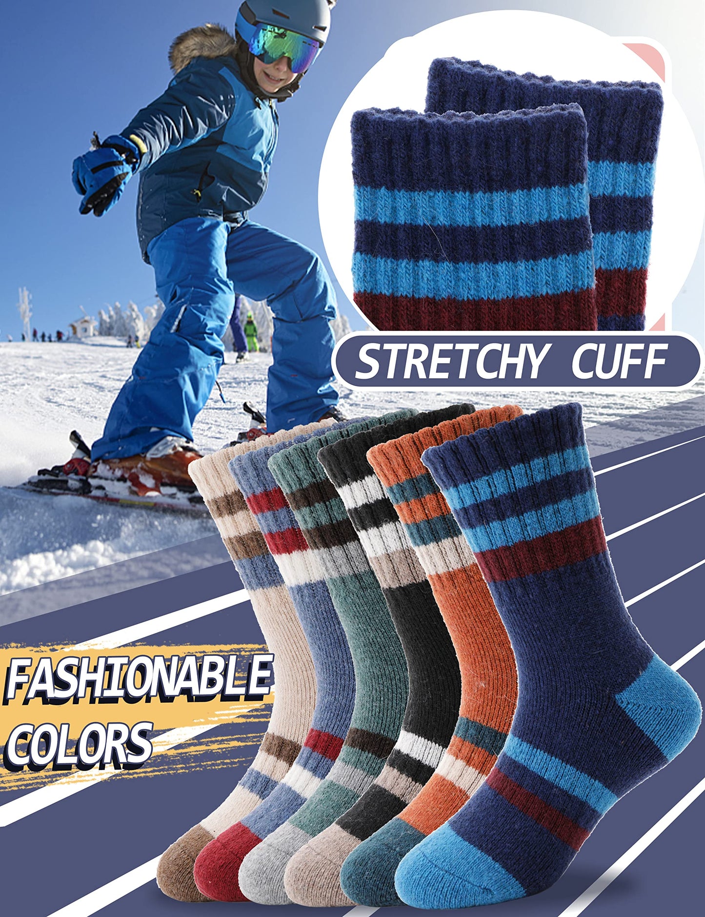 Anlisim Kids Merino Wool Hiking Socks Boys Girls Toddlers Thermal Winter Warm Boot Thick Cushion Snow Ski Gift Stocking Stuffer Socks 6 Pairs (Stripe, 12-15 Y)