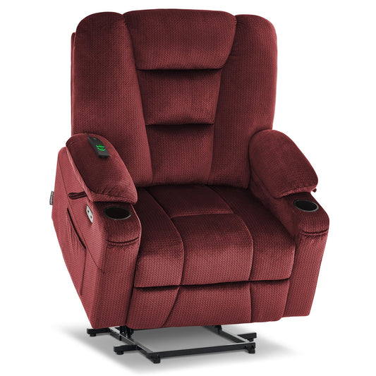 MCombo Oversized Power Lift Recliner Chair Sofa with Massage and Heat for Elderly People Petite, USB Ports, Side Pockets, Fabric R7561 (Burgundy, Small-Oversize)