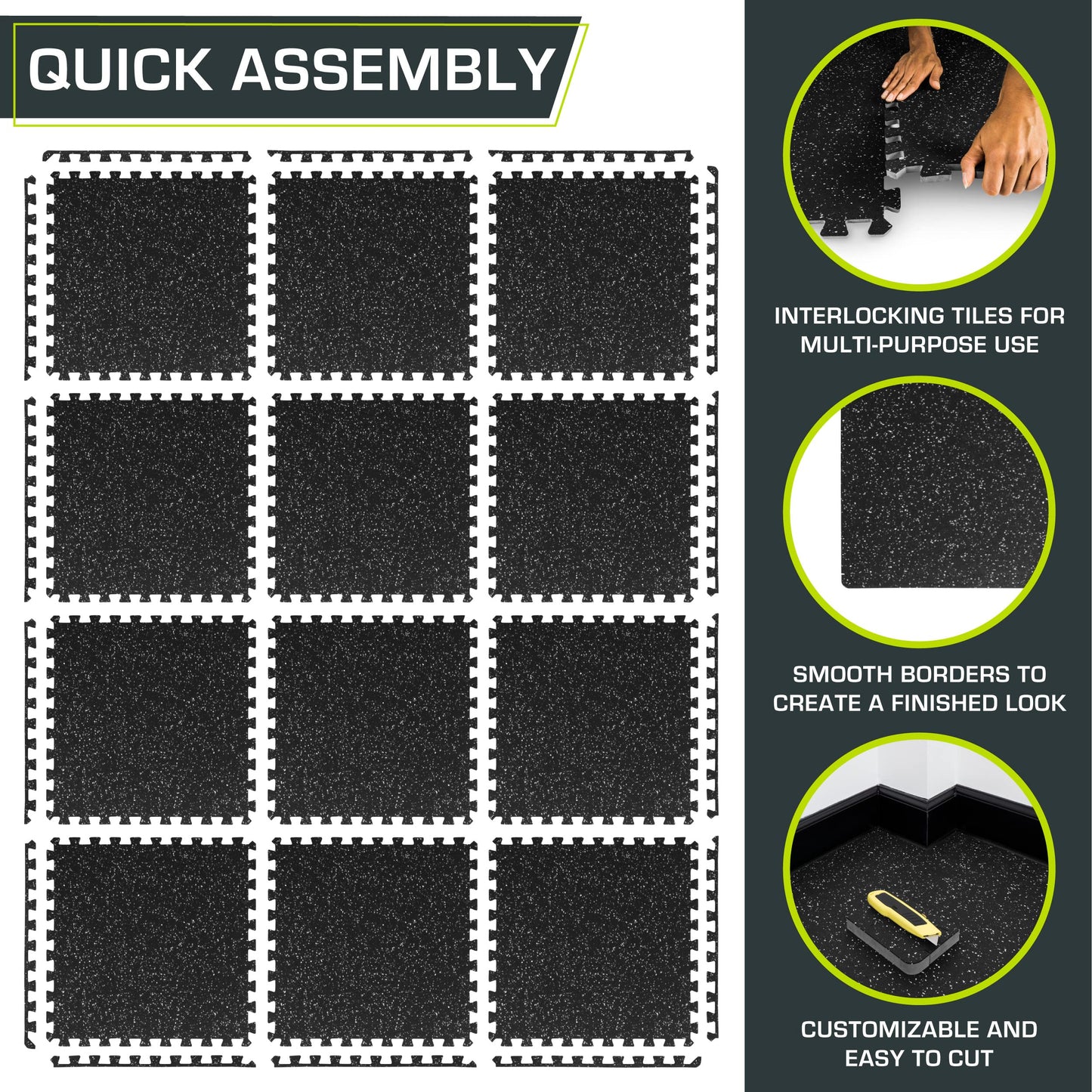 ProsourceFit Rubber Top Exercise Puzzle Mat 3/4-inch, 48 SQFT, 12 Tiles, EVA Foam Interlocking Tiles for Home Gym Protective Flooring for Equipment and Workouts, Grey