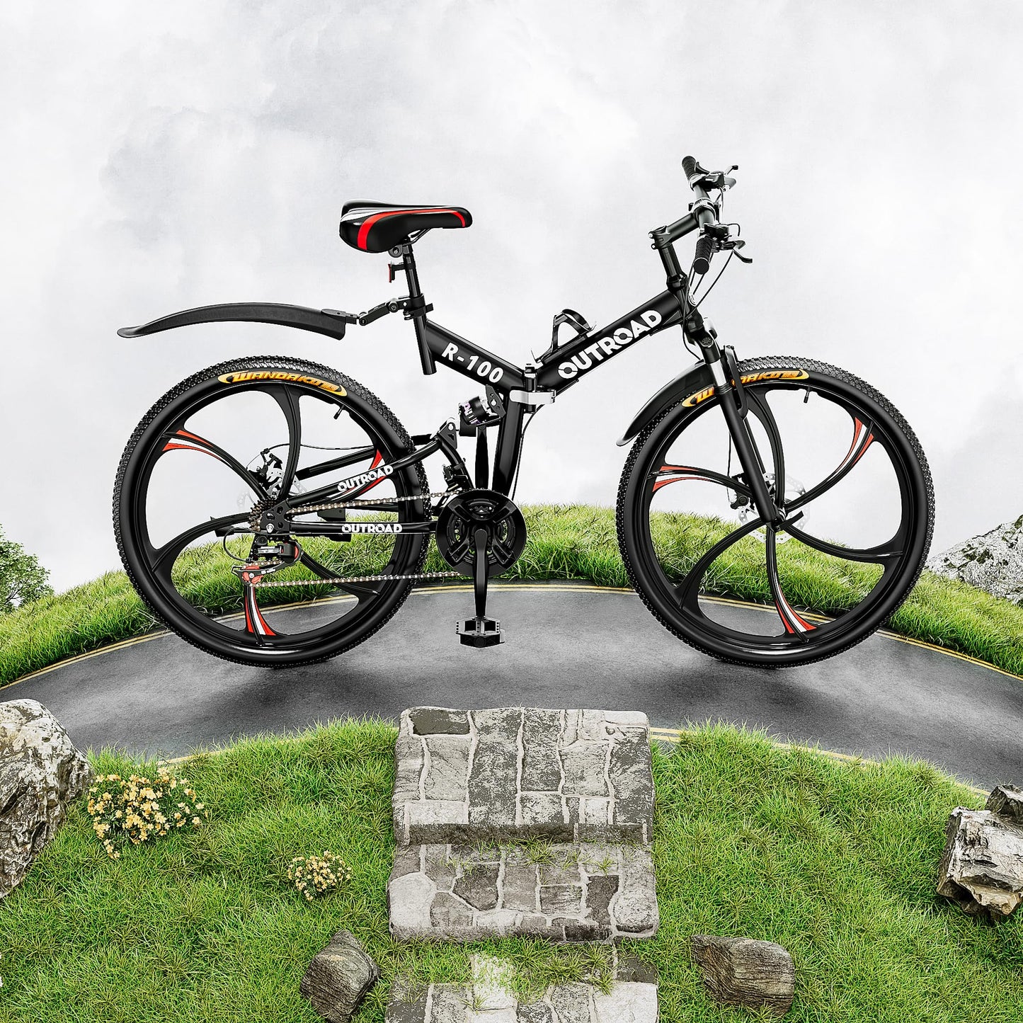 Outroad 26 Inch Folding Mountain Bike, 21 Speed Dual Disc Brake Non-Slip Folding Bikes, Full Suspension High-Carbon Steel MTB Foldable Bicycle for Adults/Men/Women, Black