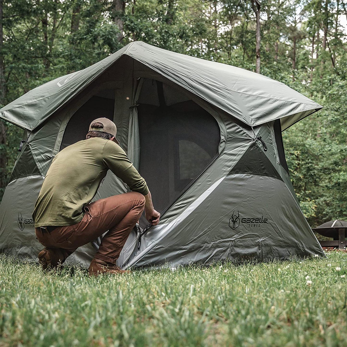 Gazelle Tents™ T4 Hub Tent, Easy 90 Second Set-Up, Waterproof, UV Resistant, Removable Floor, Ample Storage Options, 4-Person, Alpine Green, 94" x 94" x 78", GT400GR