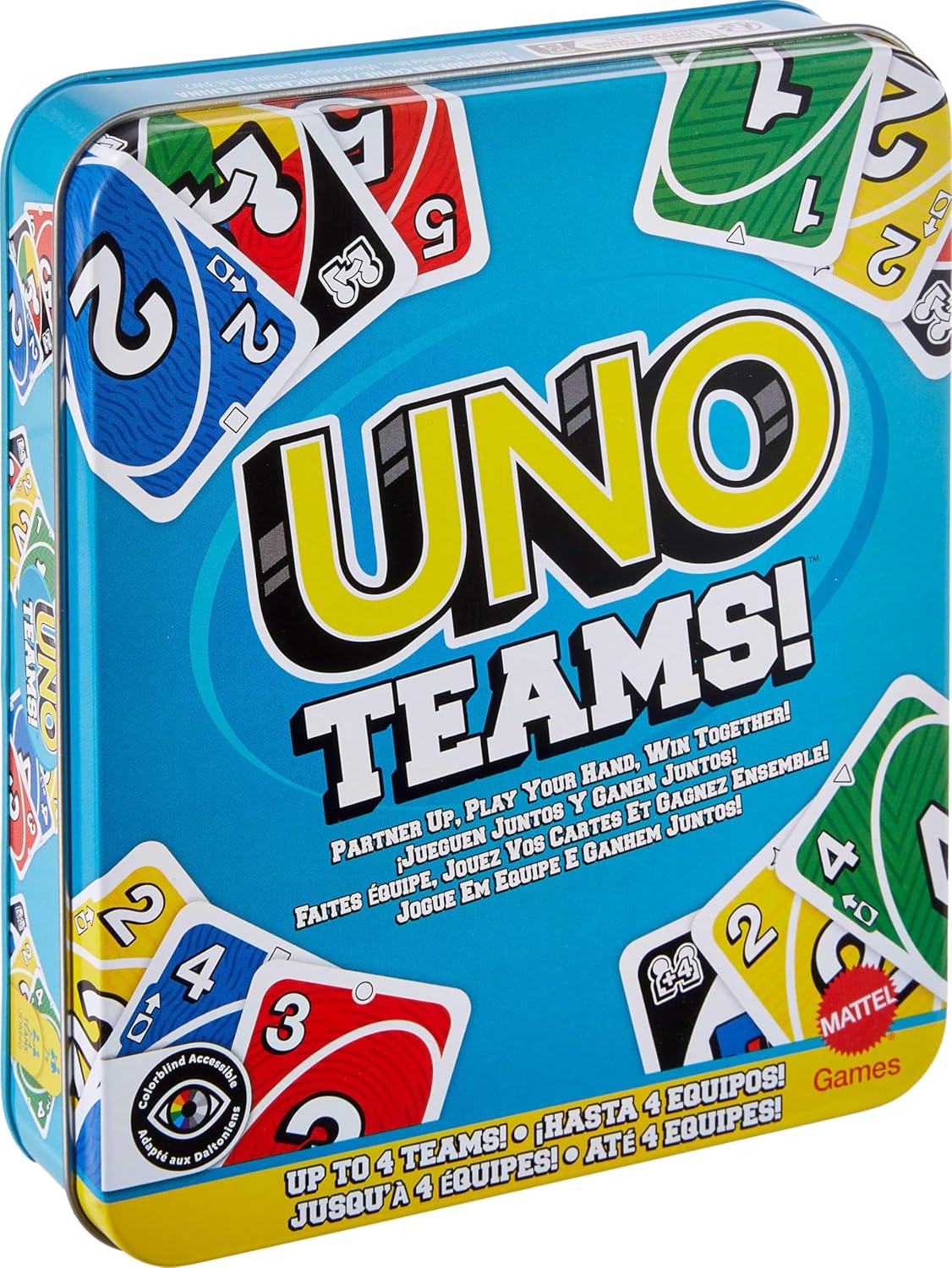 Mattel Games UNO Family Card Game, with 112 Cards in a Sturdy Storage Tin, Travel-Friendly, Makes a Great Toy for 7 Year Olds and Up