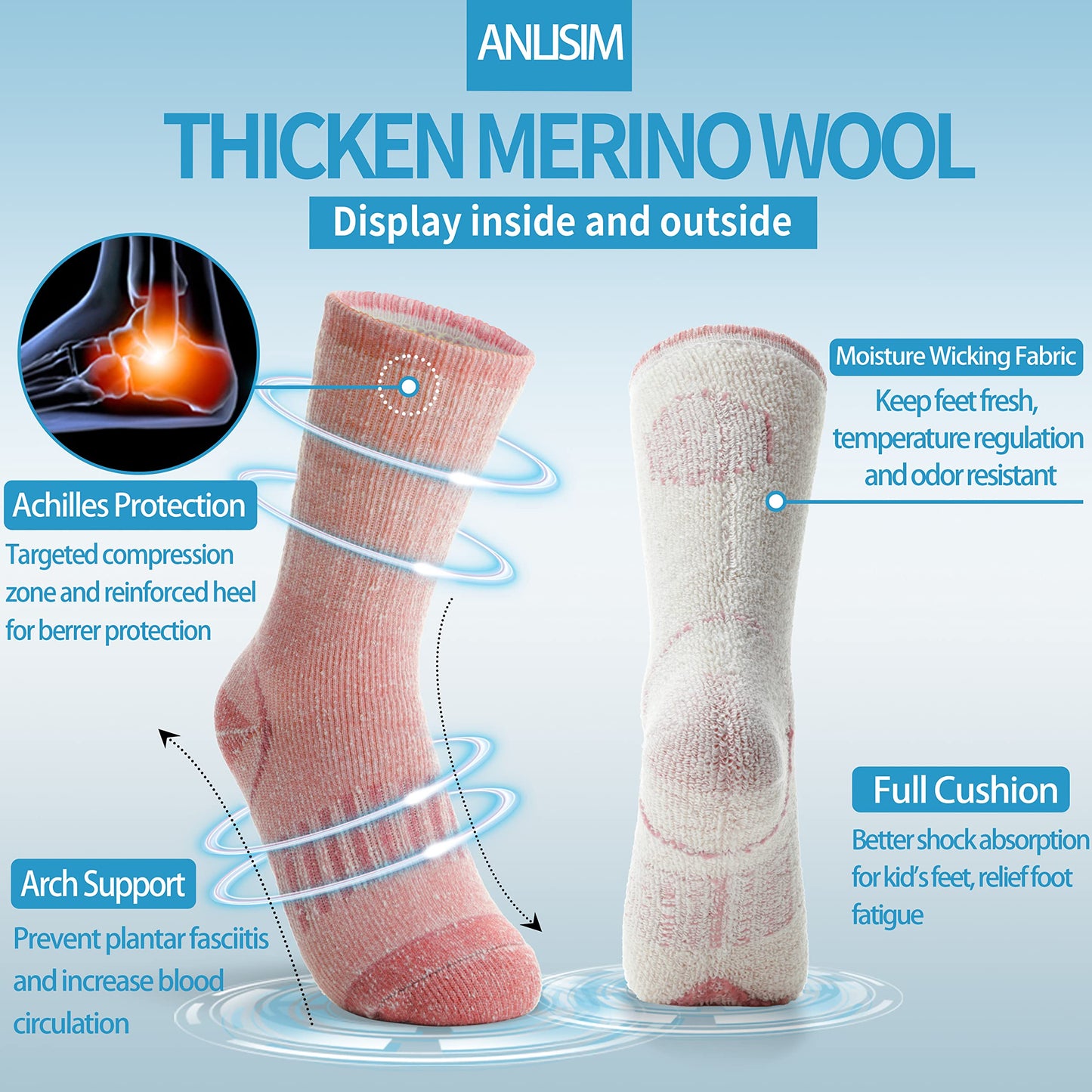 Anlisim Kids Merino Wool Hiking Socks Boys Girls Thermal Winter Warm Boot Thick Snowboarding Socks 4 Pairs for Teen(Four Mix,8-12 Y)