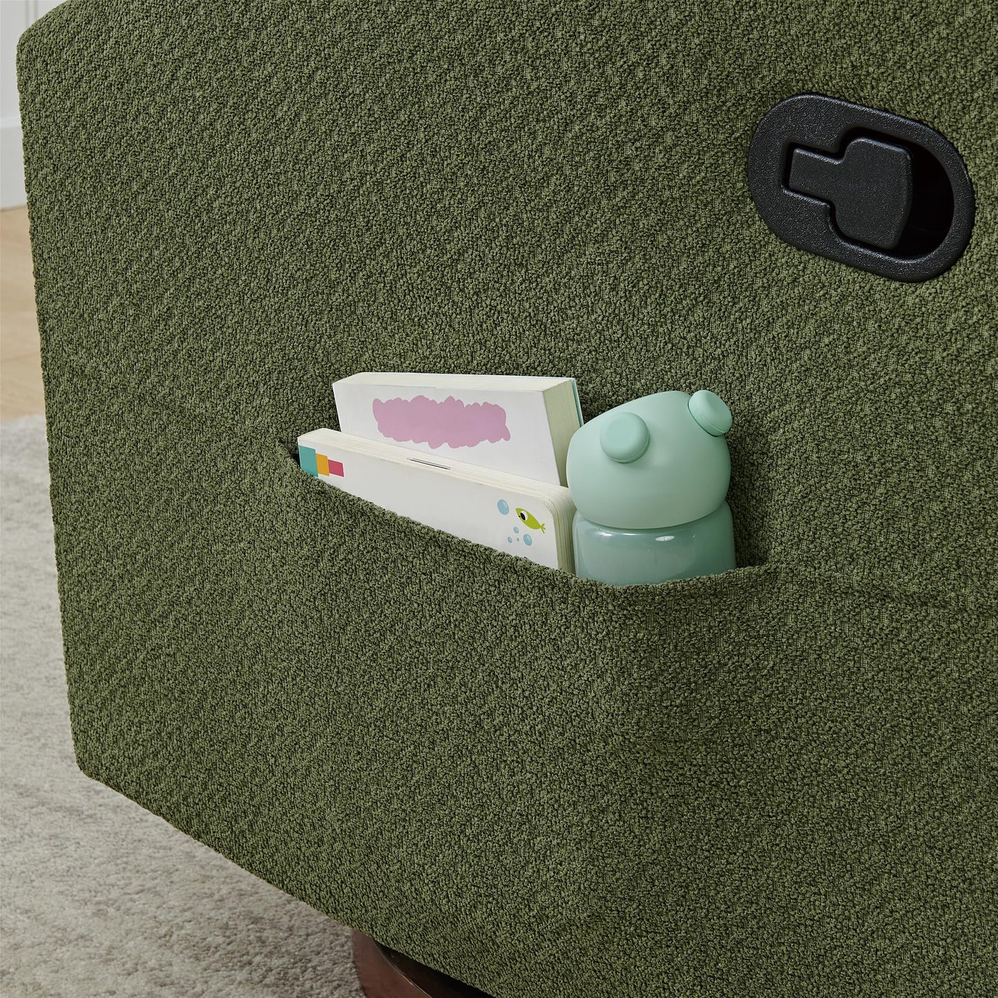 KISLOT Upholstered Recliner Swivel Glider Nursery Chair Reclining Performance Fabric Rocker with Wood Base,Boucle,Moss Green