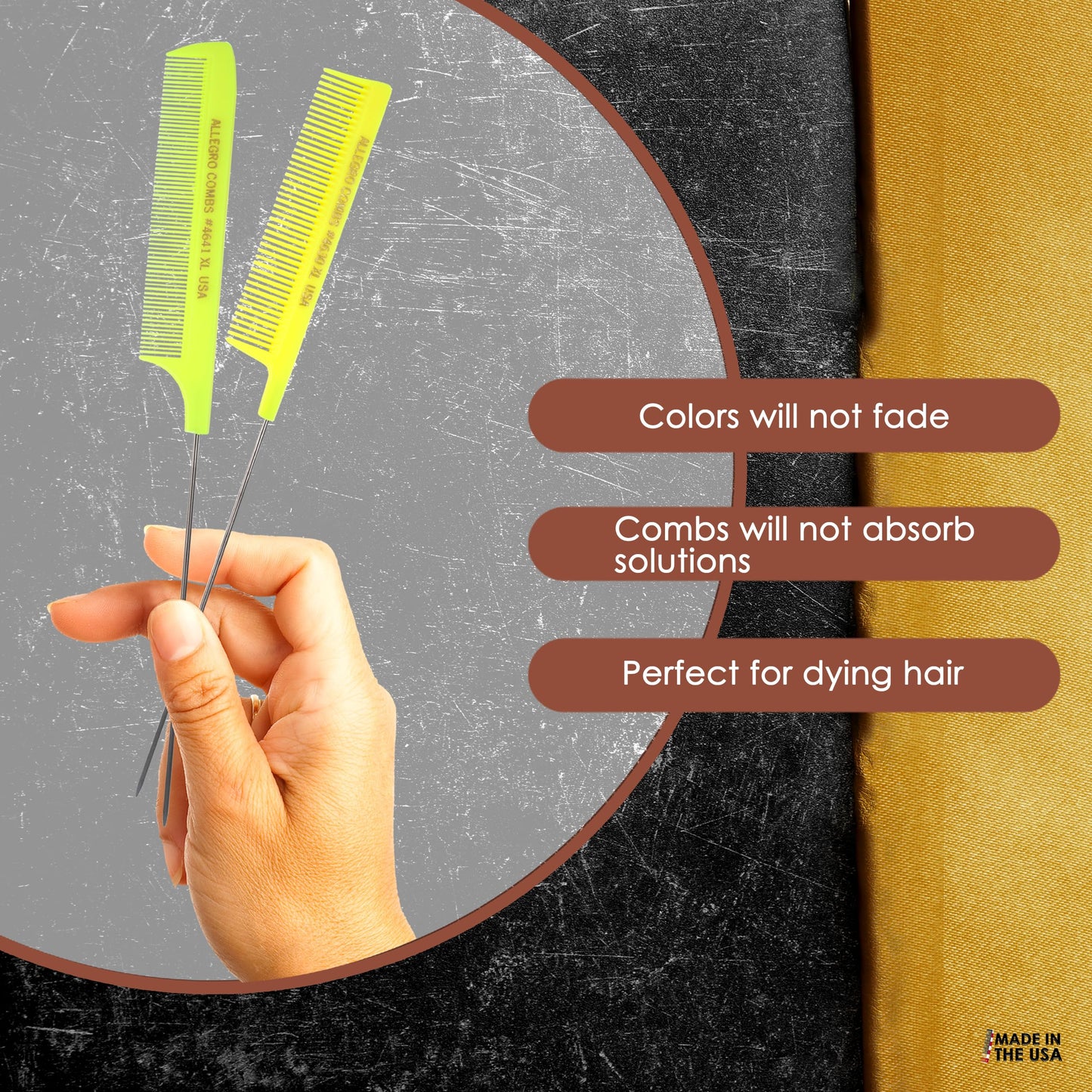 Allegro Combs XL Pintail Rat Tail Combs Parting Combs Metal Tail Foiling Combs Pin Combs Stitch Braids Combs2 Pc. (Neon Yellow)