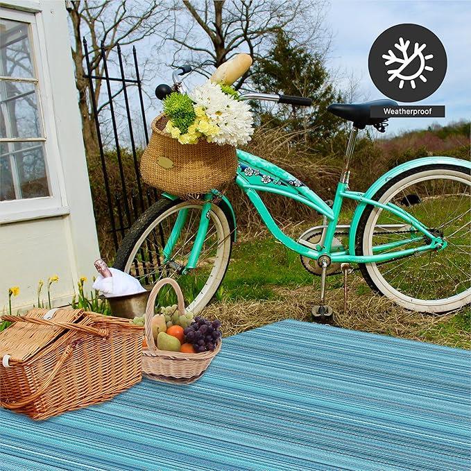 FH Home Outdoor Rug - Waterproof, Fade Resistant, Reversible - Premium Recycled Plastic - Striped - Porch, Deck, Balcony, Mudroom, Laundry Room, Patio - Havana - Turquoise Crease Free - 3 x 5 ft