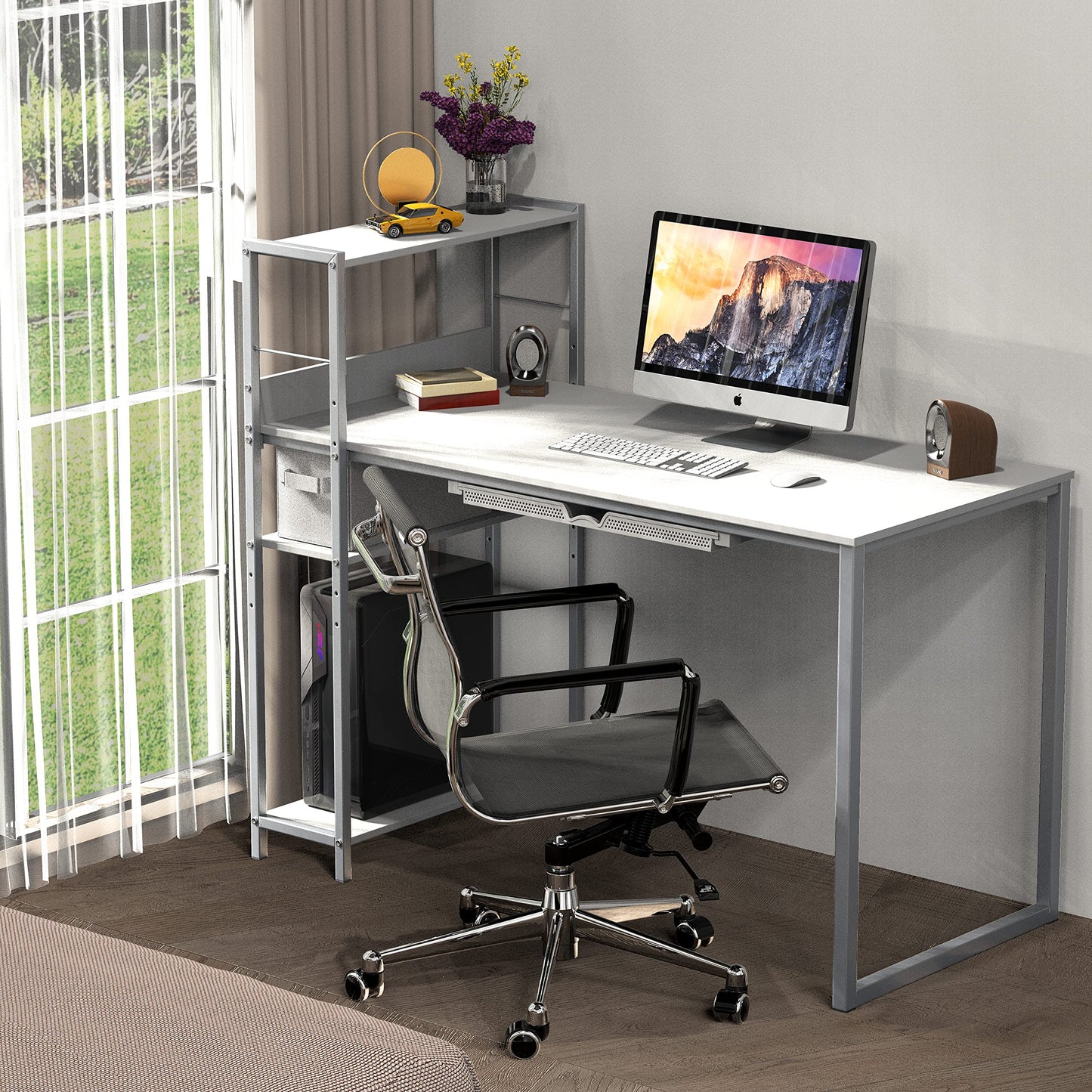 SHW 46-Inch Home Office Mission Computer Desk with Side Shelf and Drawer, White