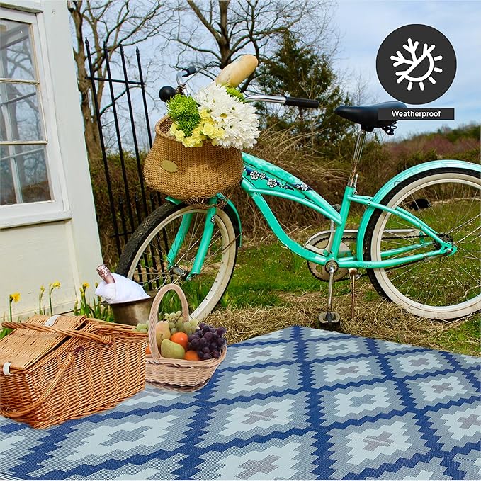 FH Home Outdoor Rug - Waterproof, Fade Resistant, Reversible - Premium Recycled Plastic - Geometric - Patio, Deck, Porch, Balcony, Laundry Room - Aztec Kilim - Blue Multi Crease Free - 5 x 8 ft