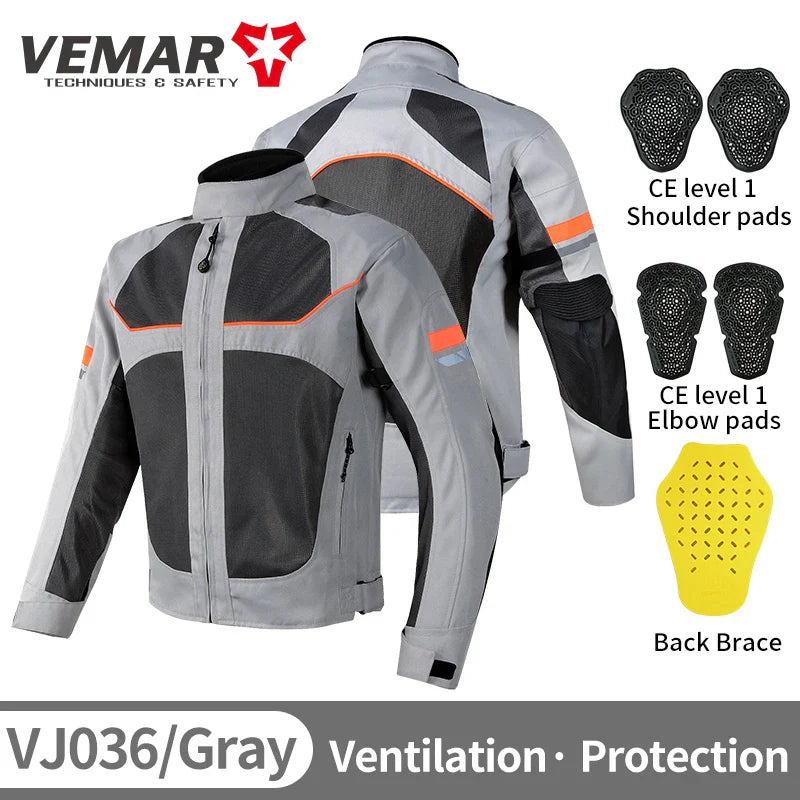 New Vemar Men Motorcycle Coat Summer Breathable Mesh Moto Jacket CE1/2 EVA Protective Gear Motorbike Clothing Jacket Black/Gray