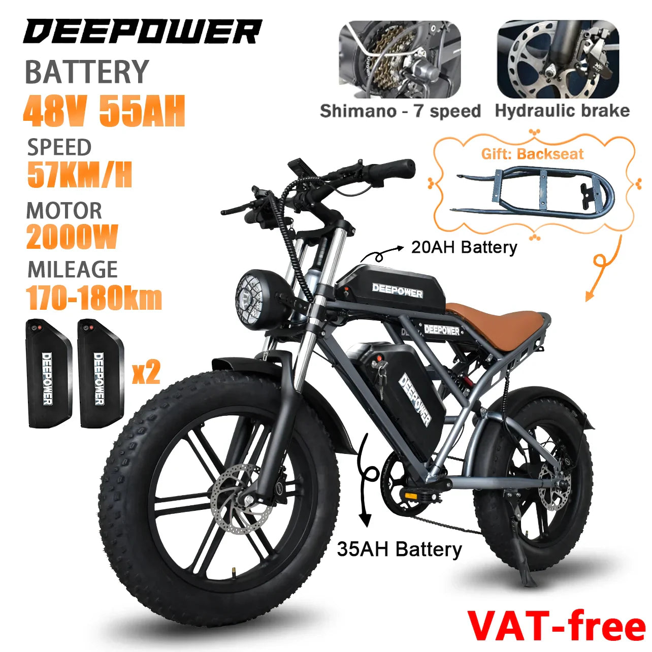 DEEPOWER S7 2000W Fat Tire Electric Bike – 48V 55Ah