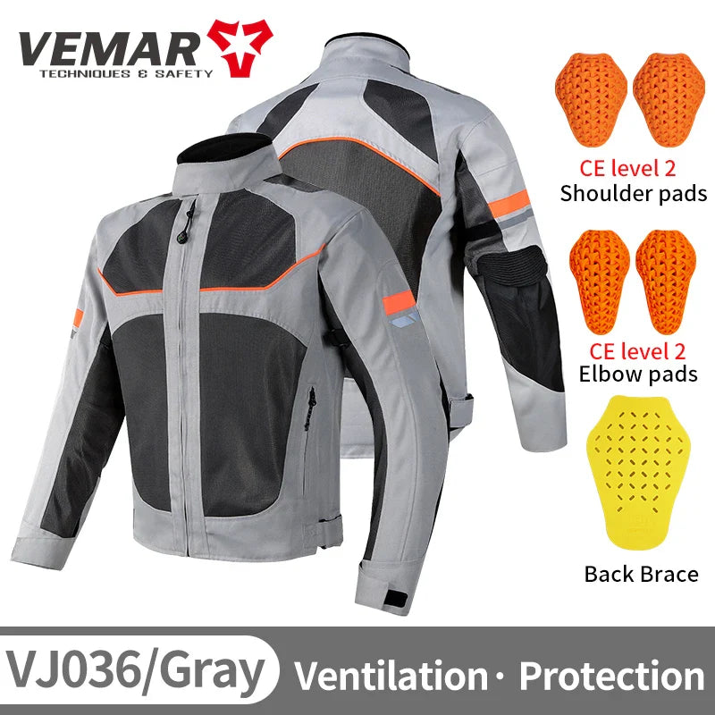 New Vemar Men Motorcycle Coat Summer Breathable Mesh Moto Jacket CE1/2 EVA Protective Gear Motorbike Clothing Jacket Black/Gray