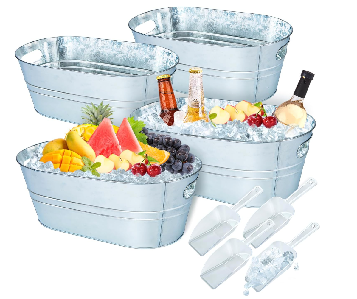 4 Pack Galvanized Metal Ice Buckets, 3 Gallon Ice Buckets for Parties Wine Beverage Tub with Carry Handle for Home/Bar Beer Champagne Cocktails Cooling Supplies